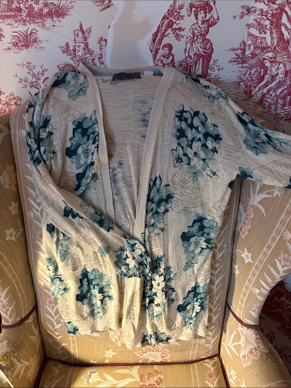Lightweight Cream Floral Cardigan with Teal Bouquet Print